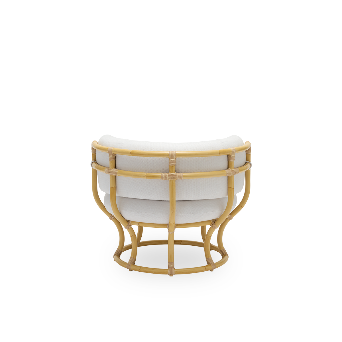 Plain back view of the Coco Exterior lounge chair in rattan look designed by Nanna Ditzel. The design is based on perfect circles, and has an aluminum frame with ArtFibre weave details.