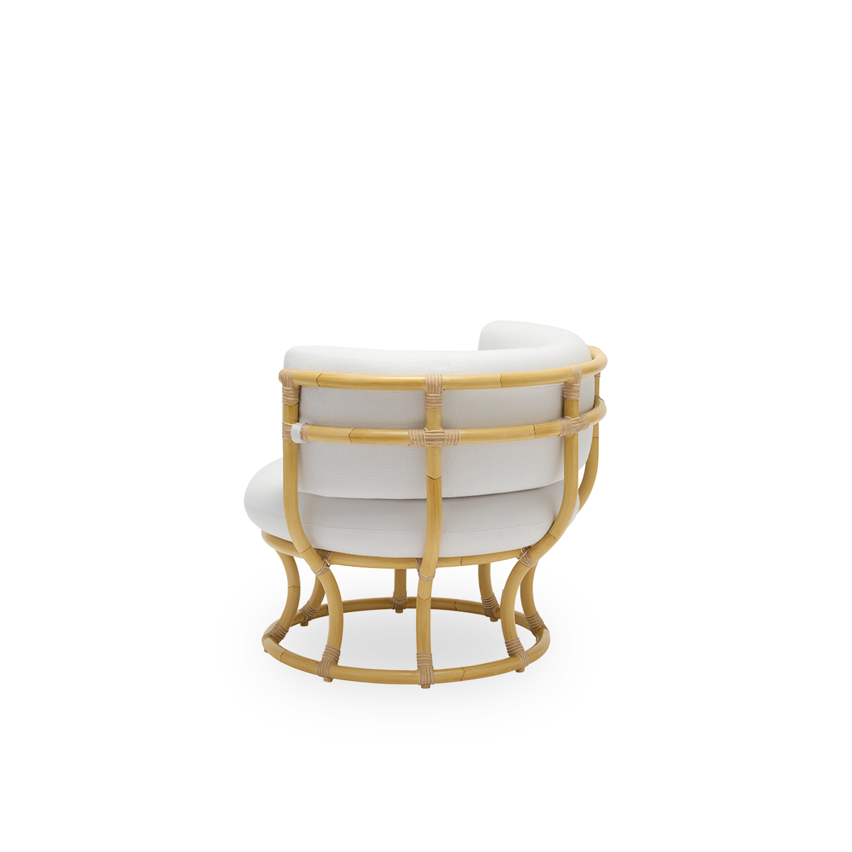 Back side view of the Coco Exterior lounge chair in rattan look, designed by Nanna Ditzel. The design is based on perfect circles and features an aluminium frame with ArtFibre weave details.