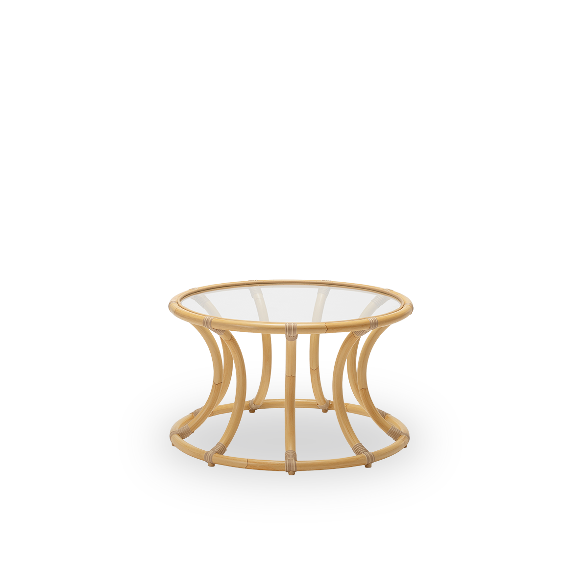 Side view of the Coco exterior coffee table, Ø73 cm, in natural aluminium, ArtFibre and glass. Designed by Nanna Ditzel in 1973 and developed for outdoor use. Handwoven in weather-resistant ArtFibre on an aluminium frame for outdoor use.