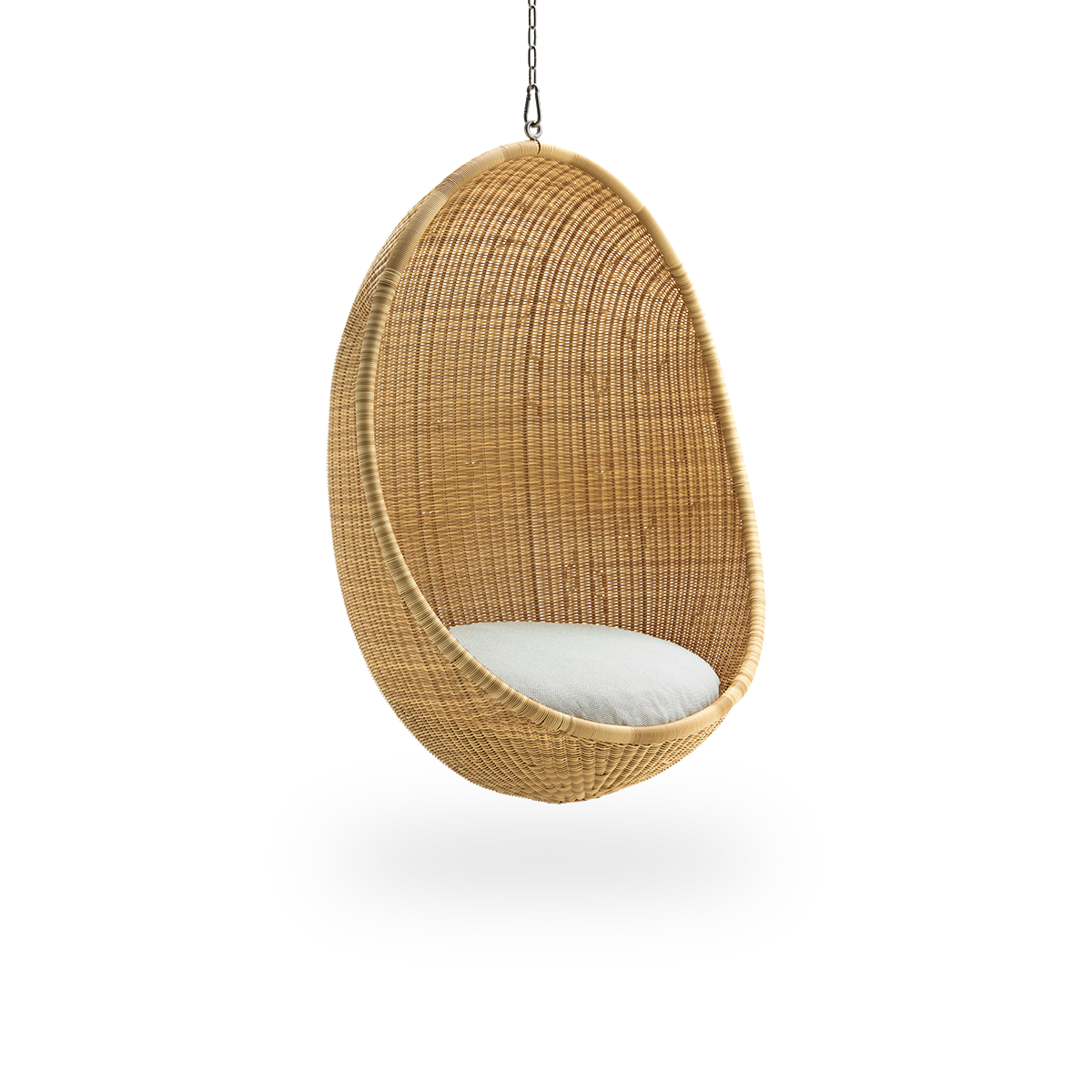 Side view of Hanging Egg Exterior in the color Natural. The hanging chair has a round shape and is fully woven ArtFibre on an aluminium frame.