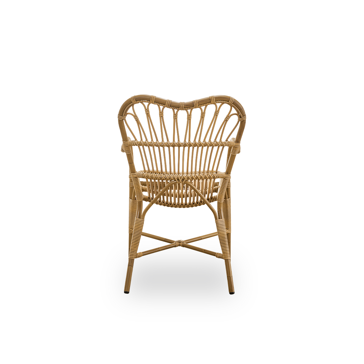 Plain back view of Margret outdoor dining chair with high wide backrest and curved armrests. Aluminium frame in Antique brown rattan look with ArtFibre windings.