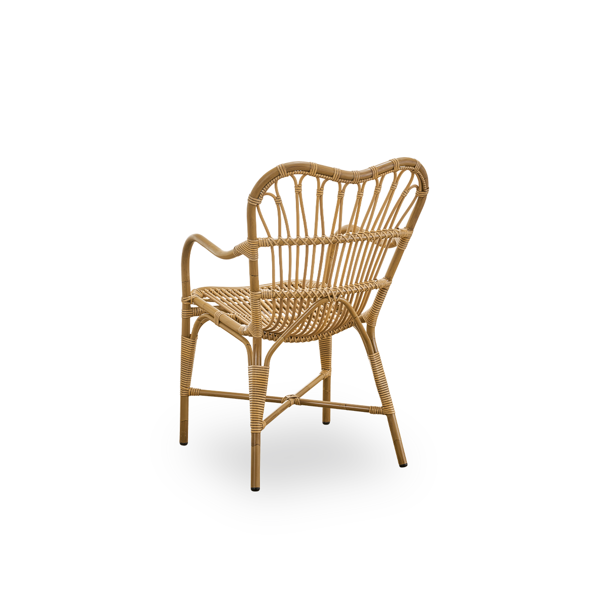 Plain back view of Margret outdoor dining chair with high wide backrest and curved armrests. Aluminium frame in Antique brown rattan look with ArtFibre windings.