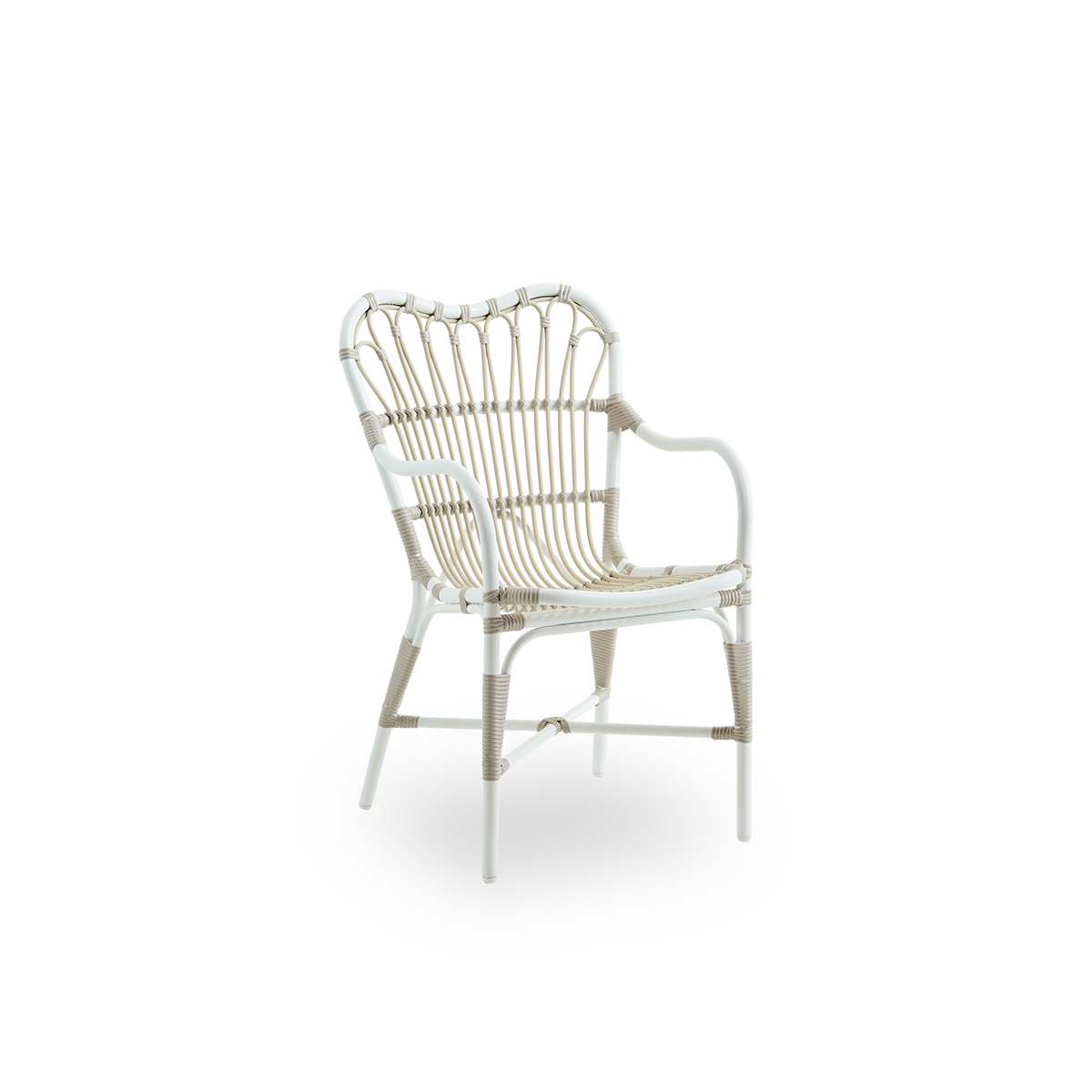 Side view of Margret outdoor dining chair with high wide backrest and curved armrests. Aluminium frame with ArtFibre windings in Dove White color.  