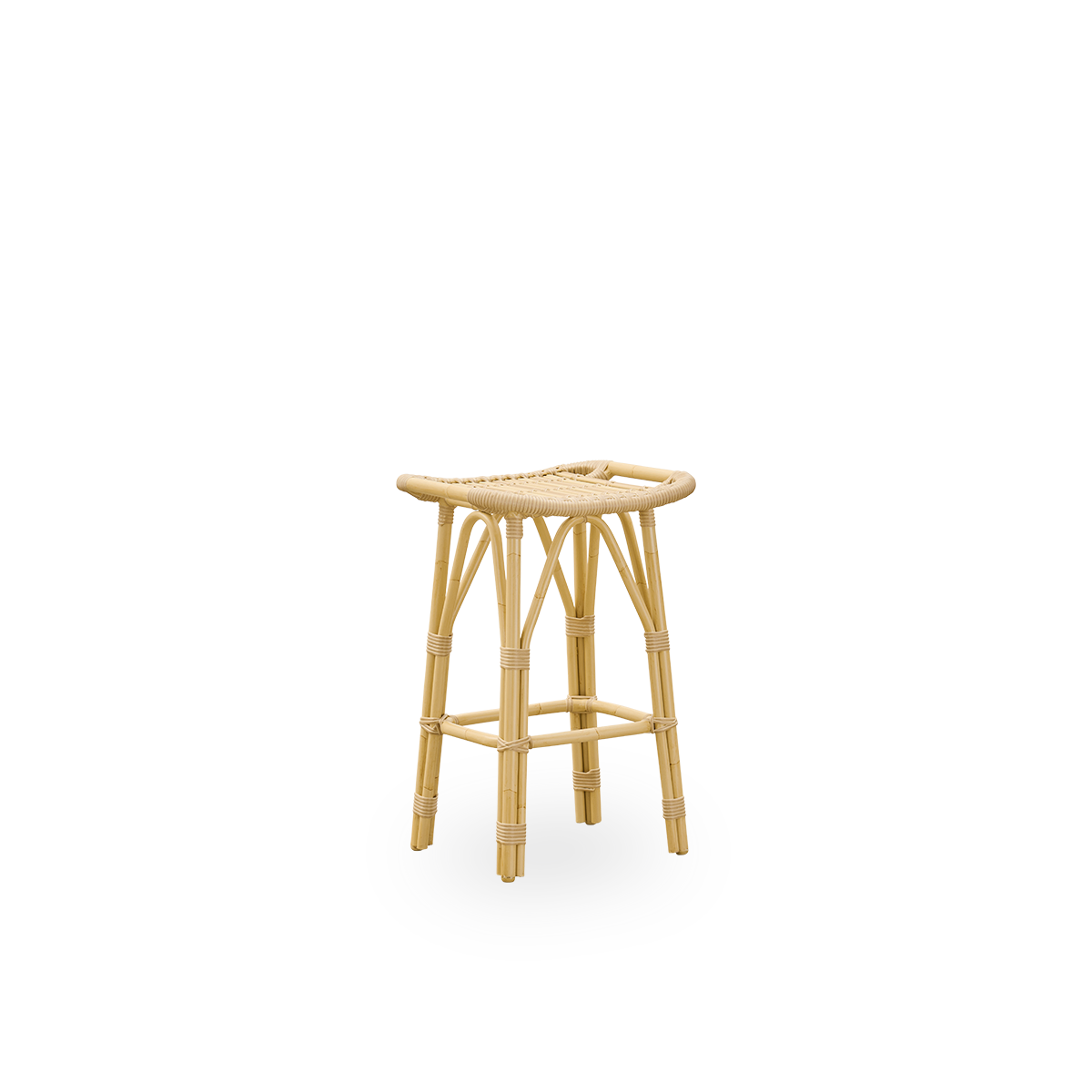 Side view of Salsa outdoor counterstool with footrest and curved seat. Aluminium frame in rattan look with ArtFibre bindings. Height 67 cm.
