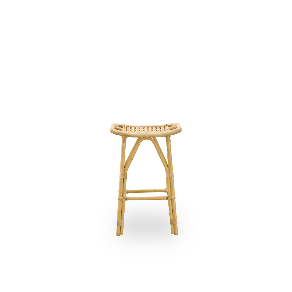 Front view of the Salsa outdoor barstool with footrest and curved seat.
Aluminum frame in rattan look with ArtFibre bindings. Height 79 cm.