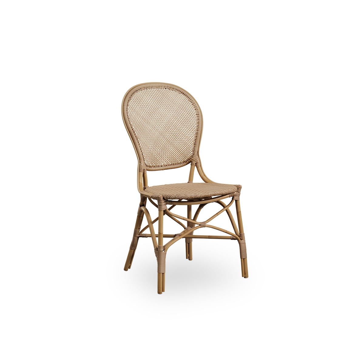 Side view of Rossini outdoor dining chair in Antique color. Elegant chair with round backrest in simple design. Aluminium frame in rattan look with woven ArtFibre seat and backrest.