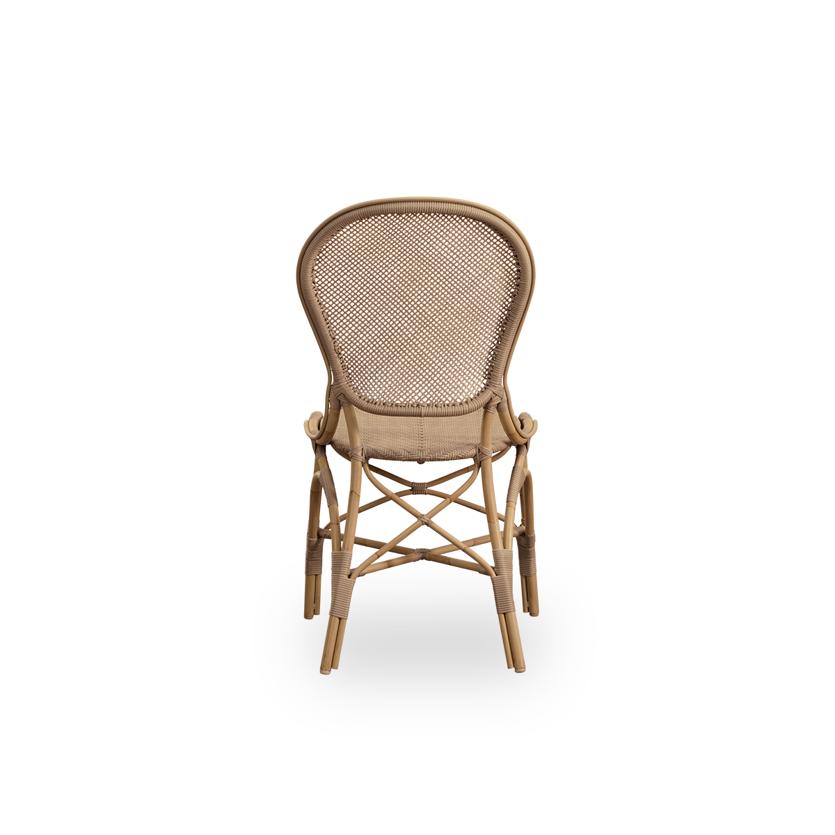 Plain back view of Rossini outdoor dining chair in Antique color. Elegant chair with round backrest in simple design. Aluminium frame in rattan look with woven ArtFibre seat and backrest.