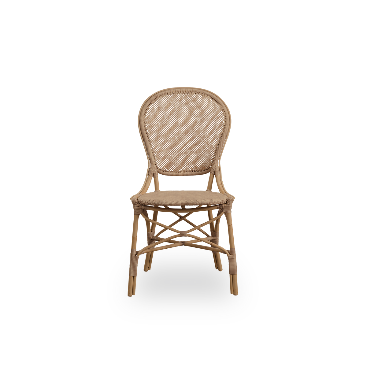 Front view of the Rossini outdoor dining chair in antique color.
Elegant chair with round backrest in a simple design. Aluminum frame in rattan look with woven ArtFibre seat and backrest.