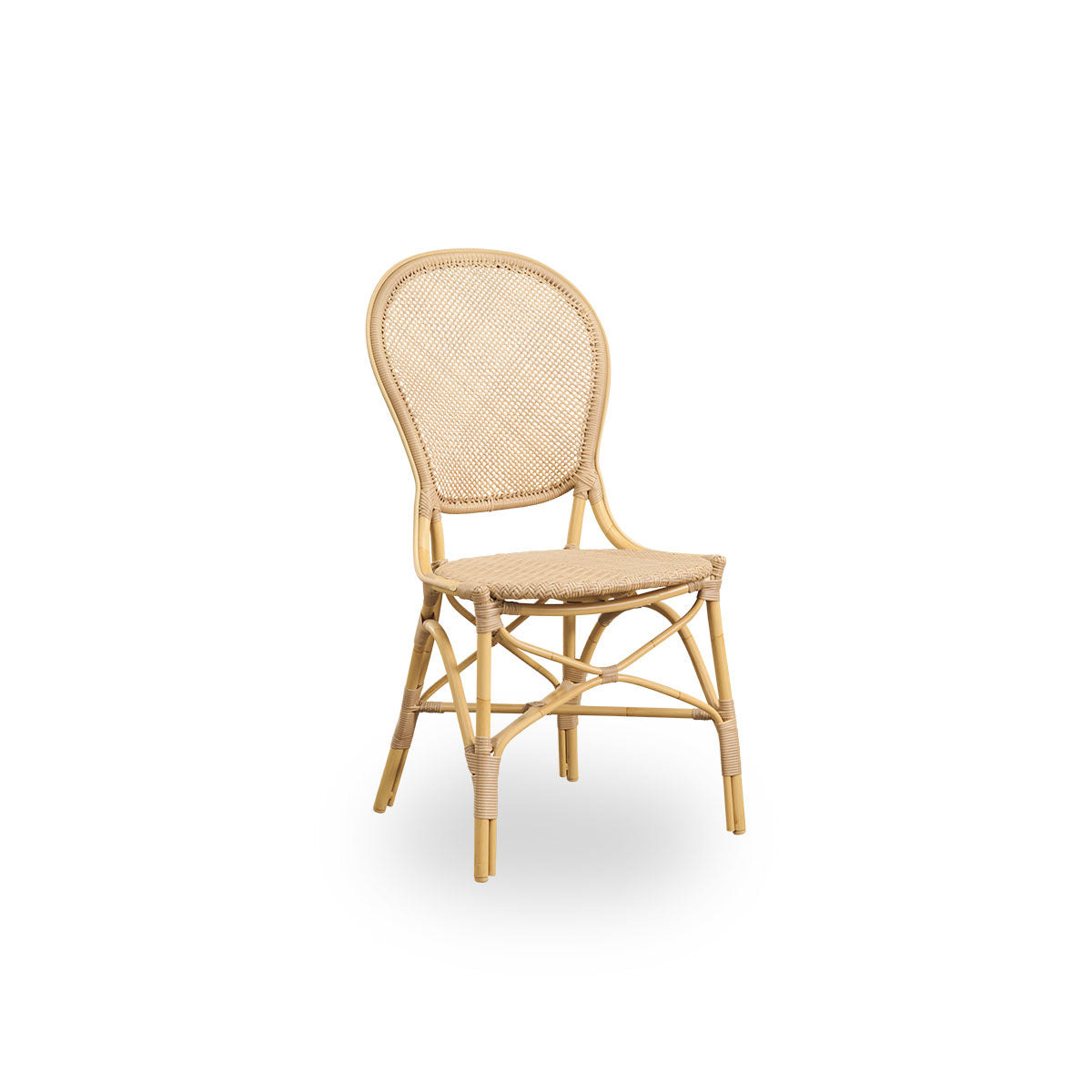 Side view of Rossini outdoor dining chair in Natural color. Elegant chair with round backrest in simple design. Aluminium frame in rattan look with woven ArtFibre seat and backrest.