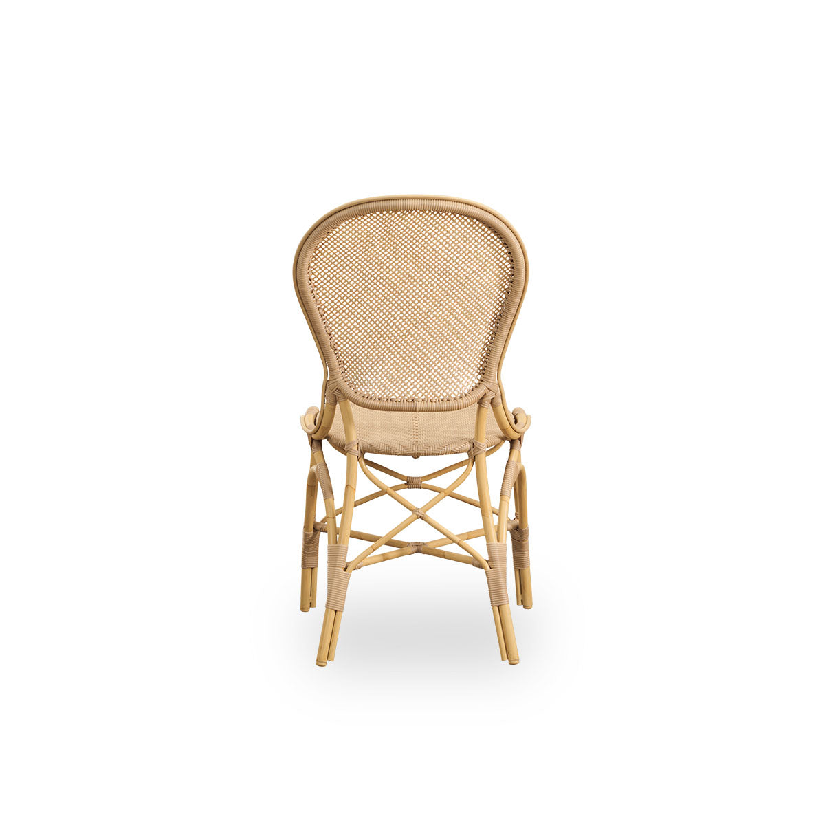 Plain back view of Rossini outdoor dining chair in Natural color. Elegant chair with round backrest in simple design. Aluminium frame in rattan look with woven ArtFibre seat and backrest.