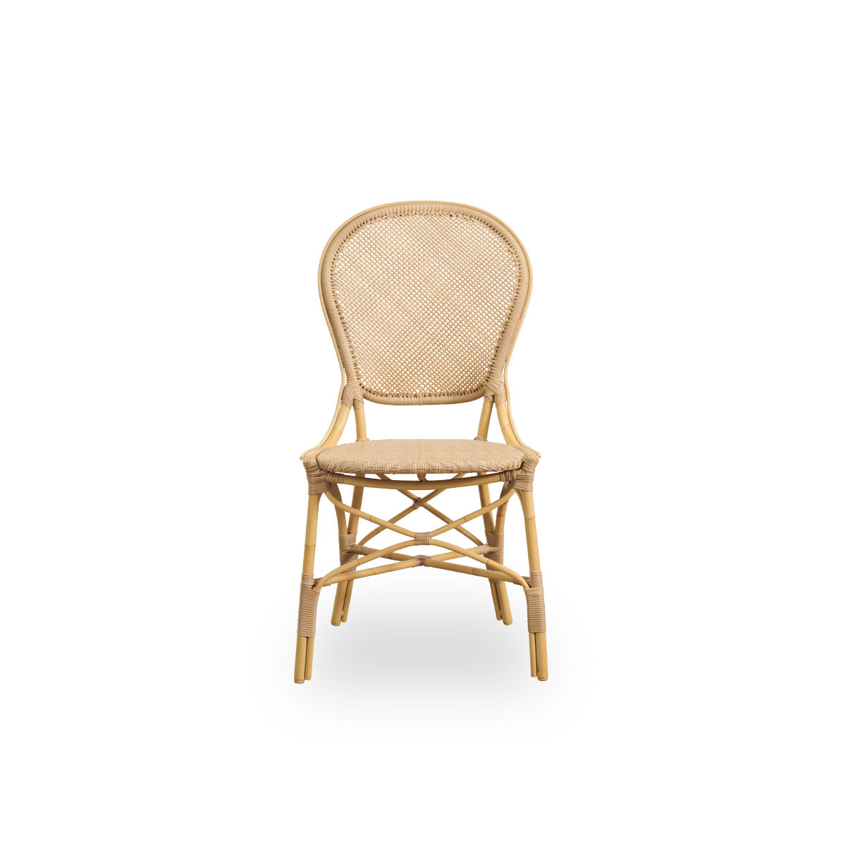 Front view of the Rossini outdoor dining chair in natural color.
Elegant chair with round backrest in a simple design. Aluminum frame in rattan look with woven ArtFibre seat and backrest.