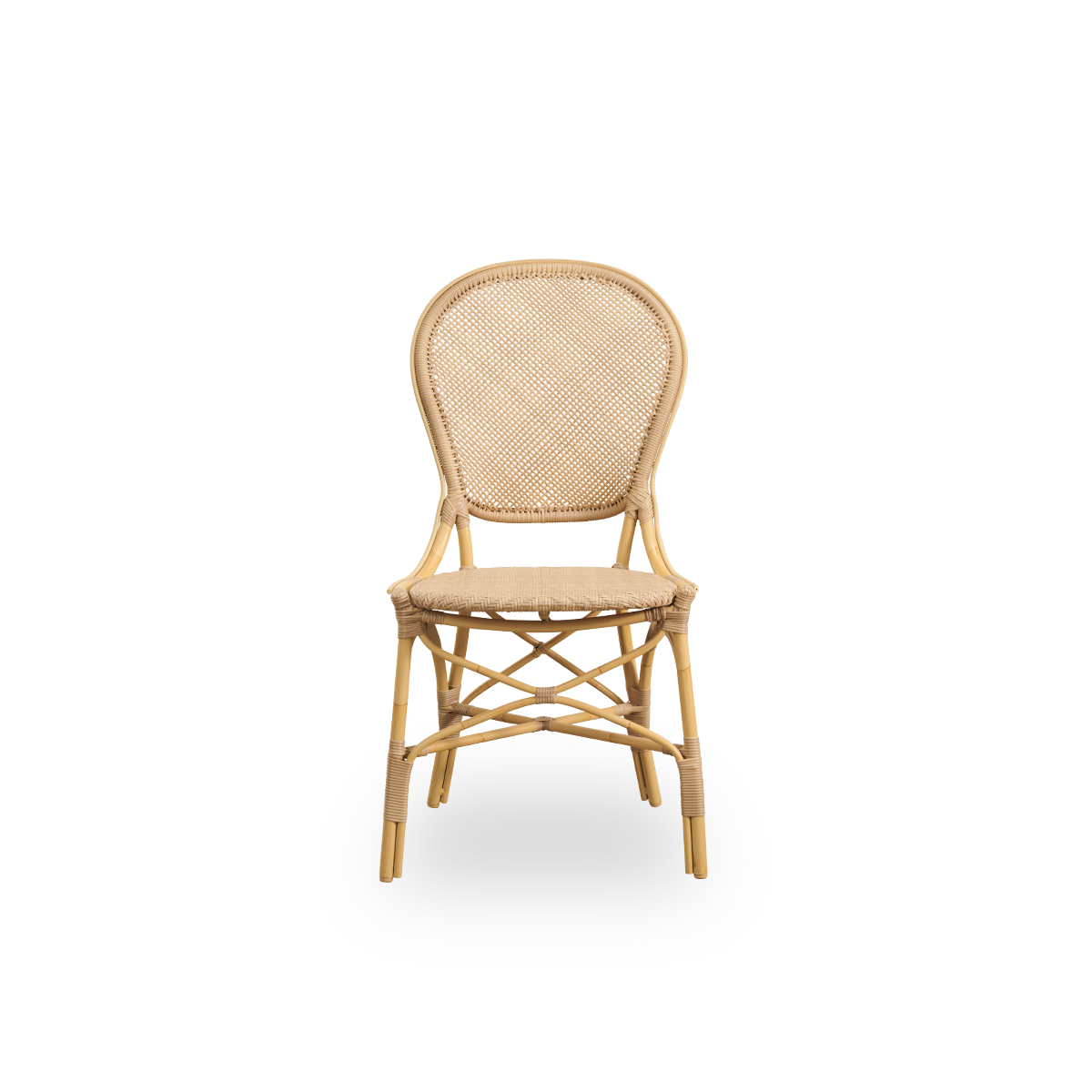 Front view of the Rossini outdoor dining chair in natural color.
Elegant chair with round backrest in a simple design. Aluminum frame in rattan look with woven ArtFibre seat and backrest.