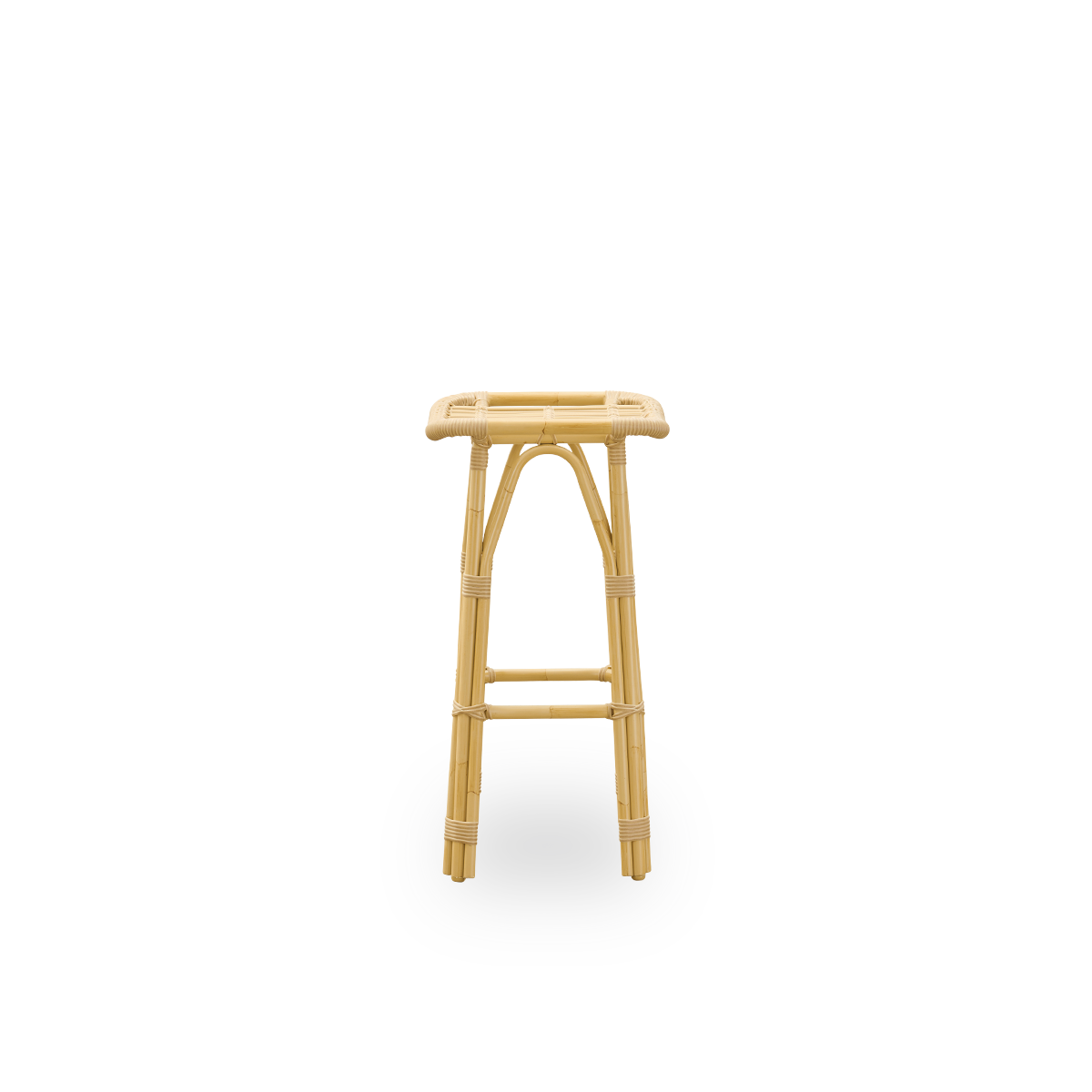 Plain side view of Salsa outdoor barstool with footrest and curved seat. Aluminium frame in rattan look with ArtFibre bindings. Height 79 cm.