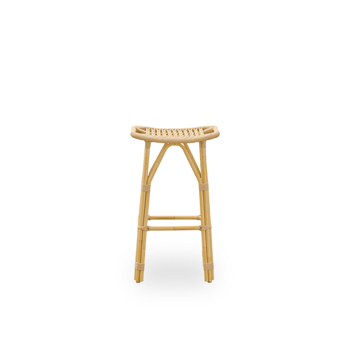 Front view of the Salsa outdoor barstool with footrest and curved seat.
Aluminum frame in rattan look with ArtFibre bindings. Height 79 cm.