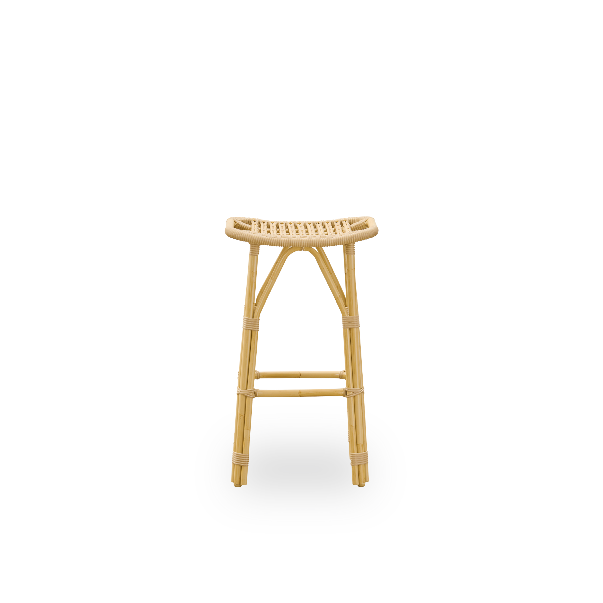 Front view of the Salsa outdoor barstool with footrest and curved seat.
Aluminum frame in rattan look with ArtFibre bindings. Height 79 cm.