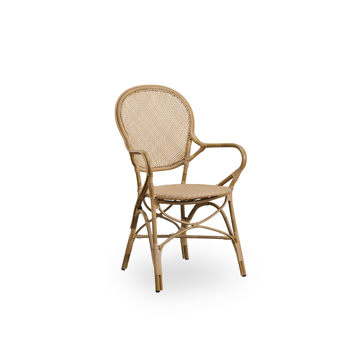 Side view of Rossini outdoor dining armchair in Antique color. Elegant chair with round backrest and armrests in simple design. Aluminium frame in rattan look with woven ArtFibre seat and backrest.