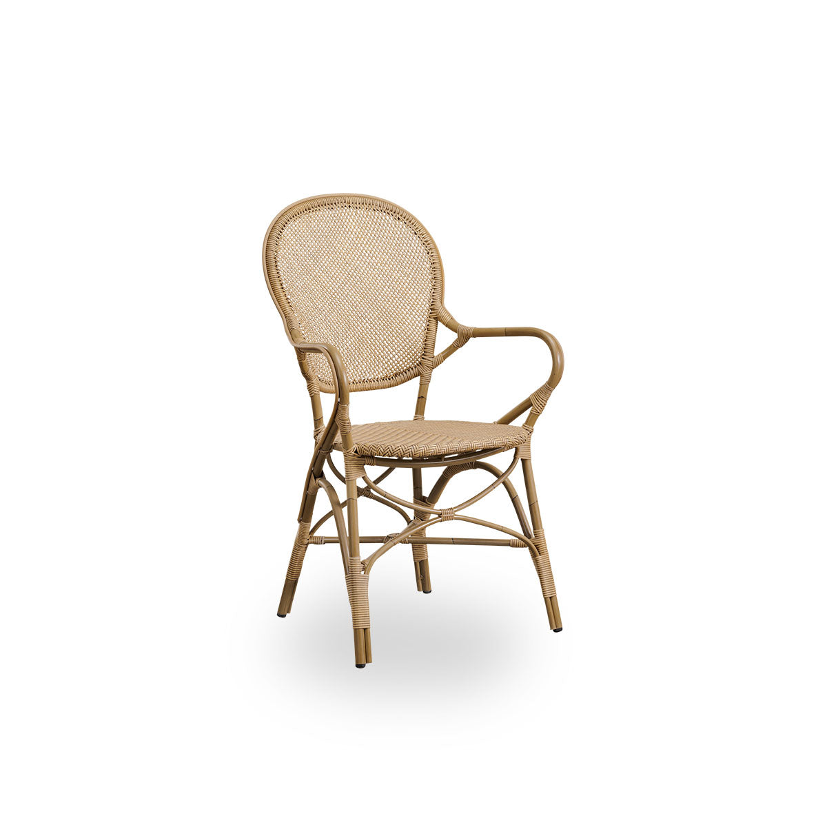 Side view of Rossini outdoor dining armchair in Antique color. Elegant chair with round backrest and armrests in simple design. Aluminium frame in rattan look with woven ArtFibre seat and backrest.