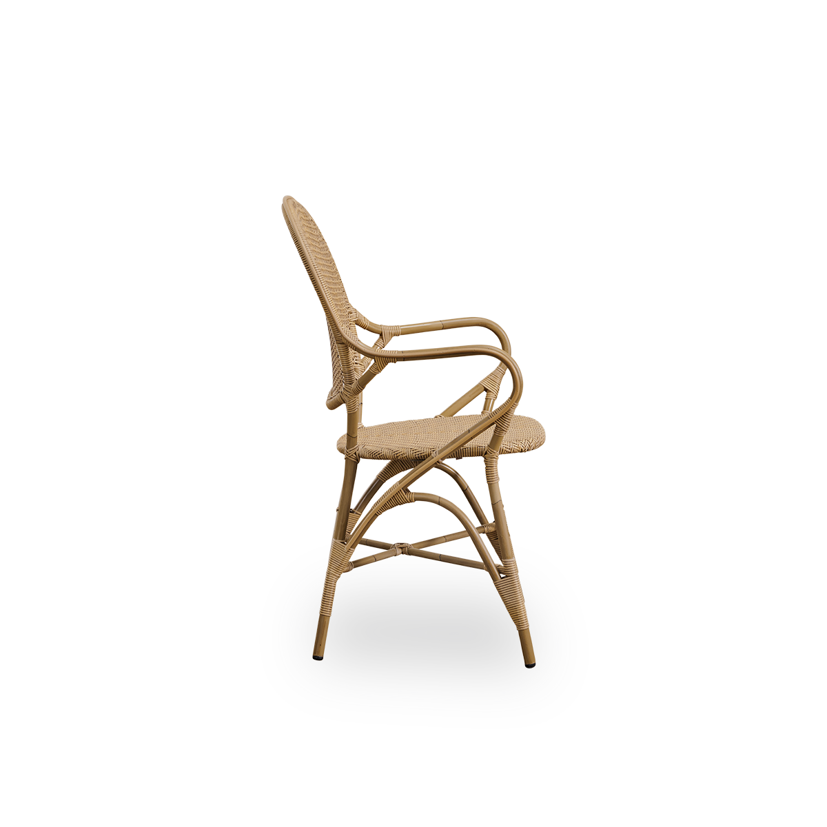 Plain side view of Rossini outdoor dining armchair in Antique color. Elegant chair with round backrest and armrests in simple design. Aluminium frame in rattan look with woven ArtFibre seat and backrest.