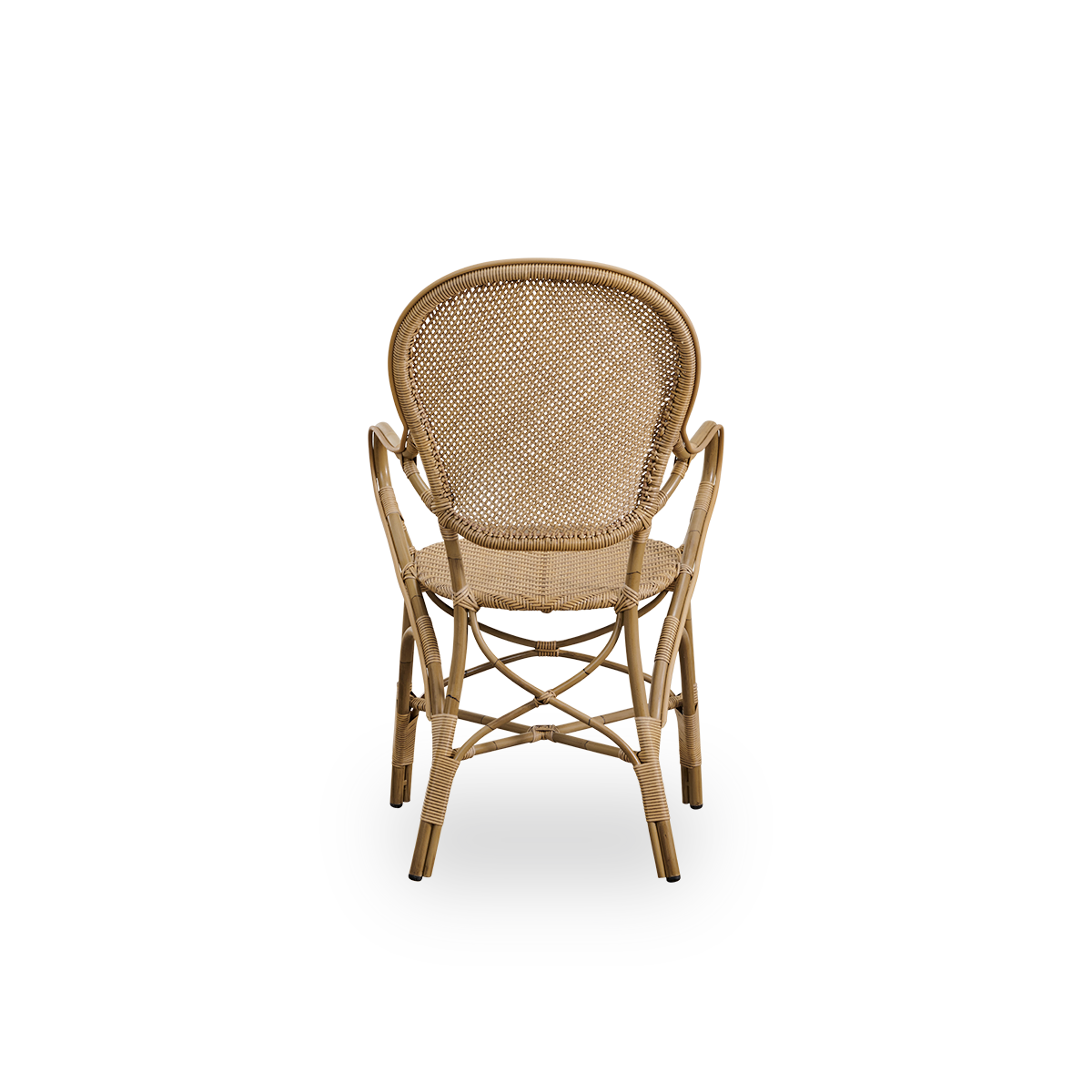 Plain back view of Rossini outdoor dining armchair in Antique color. Elegant chair with round backrest and armrests in simple design. Aluminium frame in rattan look with woven ArtFibre seat and backrest.