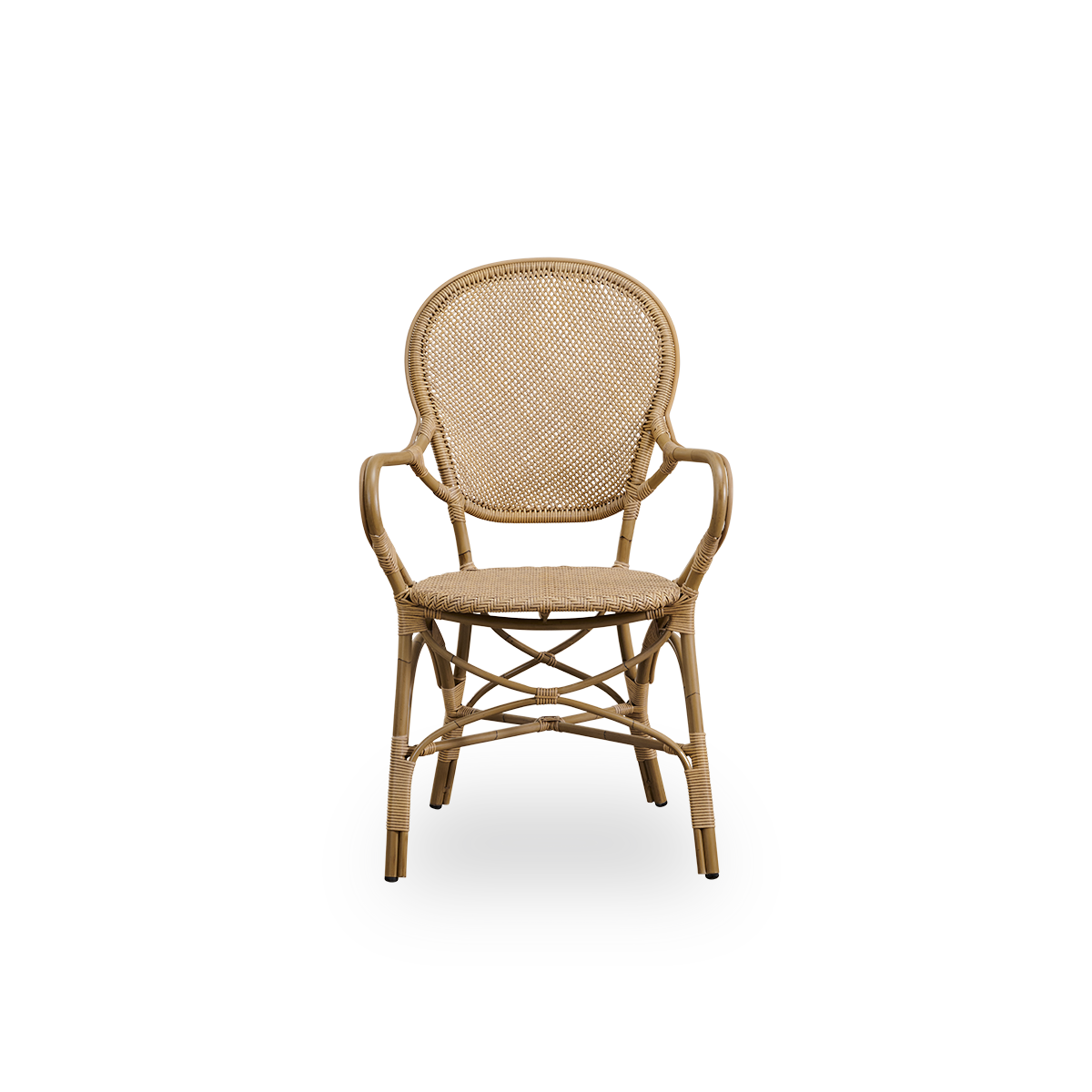 Front view of the Rossini outdoor dining armchair in antique color.
Elegant chair with round backrest and armrests in a simple design. Aluminum frame in rattan look with woven ArtFibre seat and backrest.