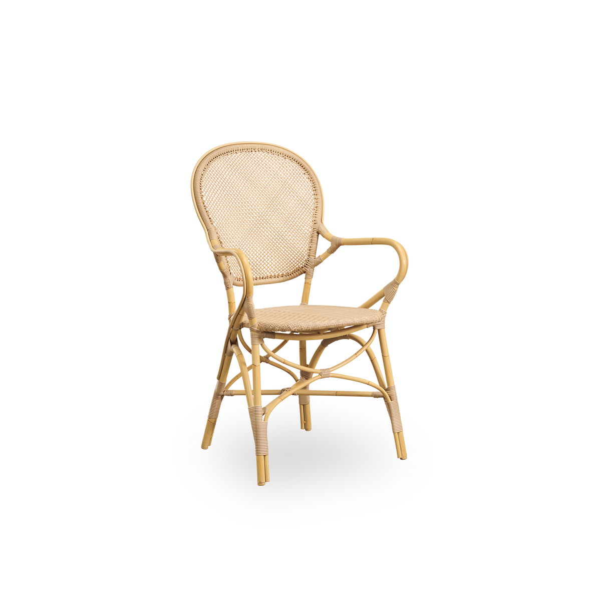 Side view of Rossini outdoor dining armchair in Natural color. Elegant chair with round backrest and armrests in simple design. Aluminium frame in rattan look with woven ArtFibre seat and backrest.