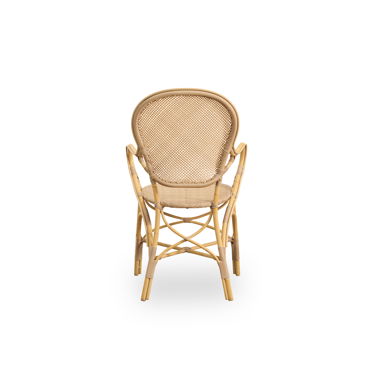 Plain back view of Rossini outdoor dining armchair in Natural color. Elegant chair with round backrest and armrests in simple design. Aluminium frame in rattan look with woven ArtFibre seat and backrest.