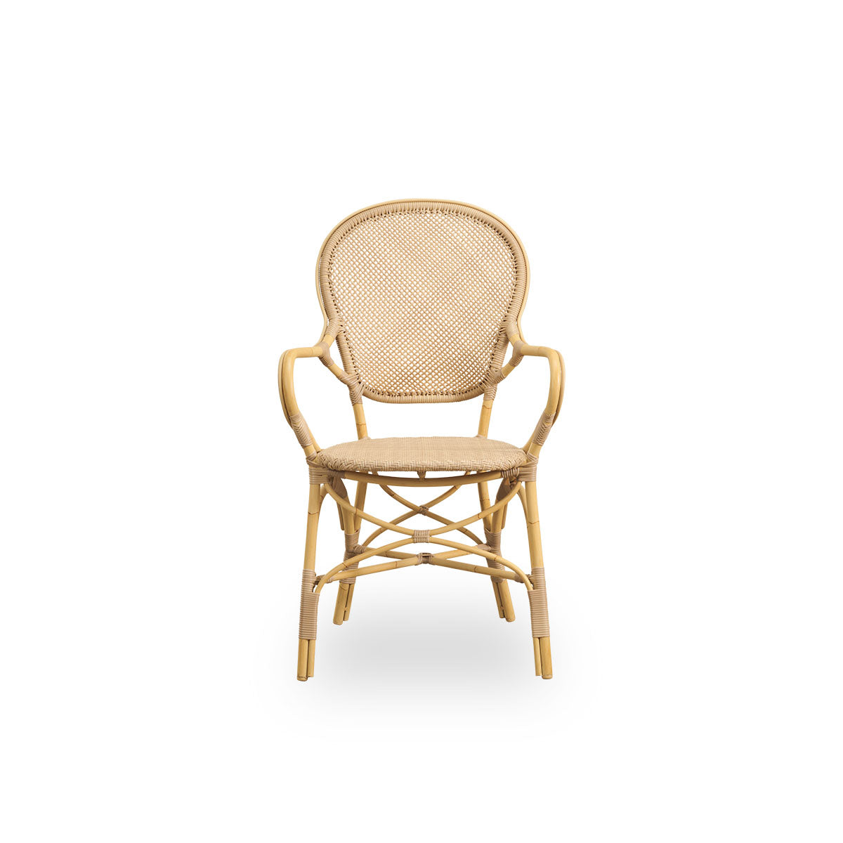 Front view of the Rossini outdoor dining armchair in natural color.
Elegant chair with round backrest and armrests in a simple design. Aluminum frame in rattan look with woven ArtFibre seat and backrest.