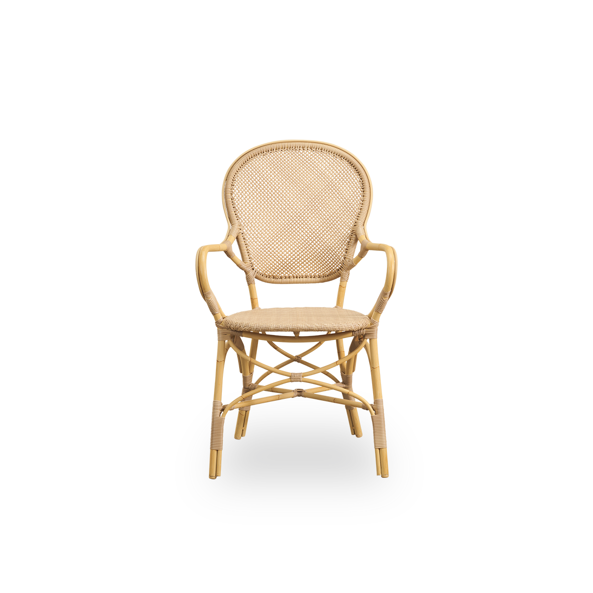 Front view of the Rossini outdoor dining armchair in natural color.
Elegant chair with round backrest and armrests in a simple design. Aluminum frame in rattan look with woven ArtFibre seat and backrest.