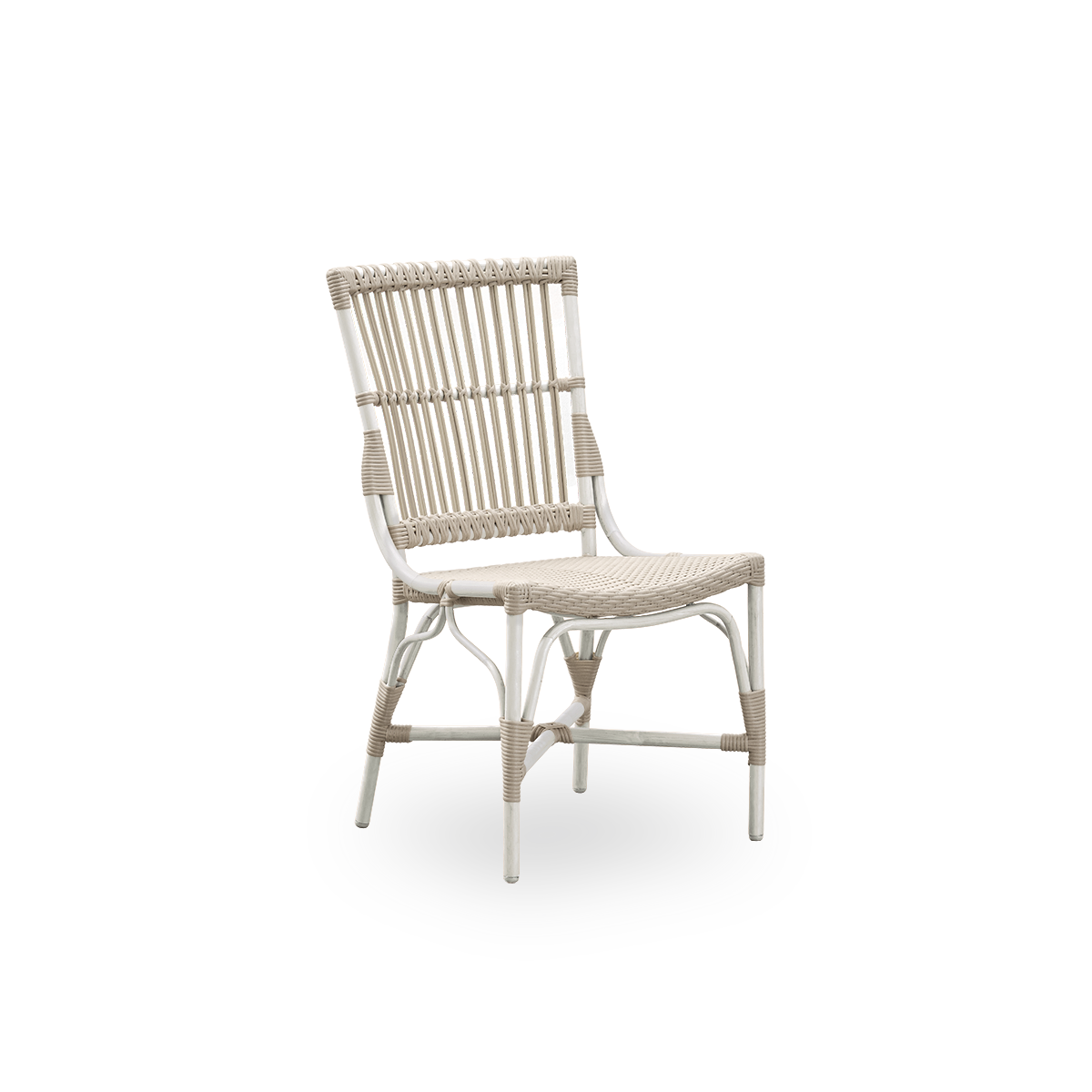 Side view of Piano outdoor dining chair. Aluminium frame with ArtFibre windings in Dove White color.  