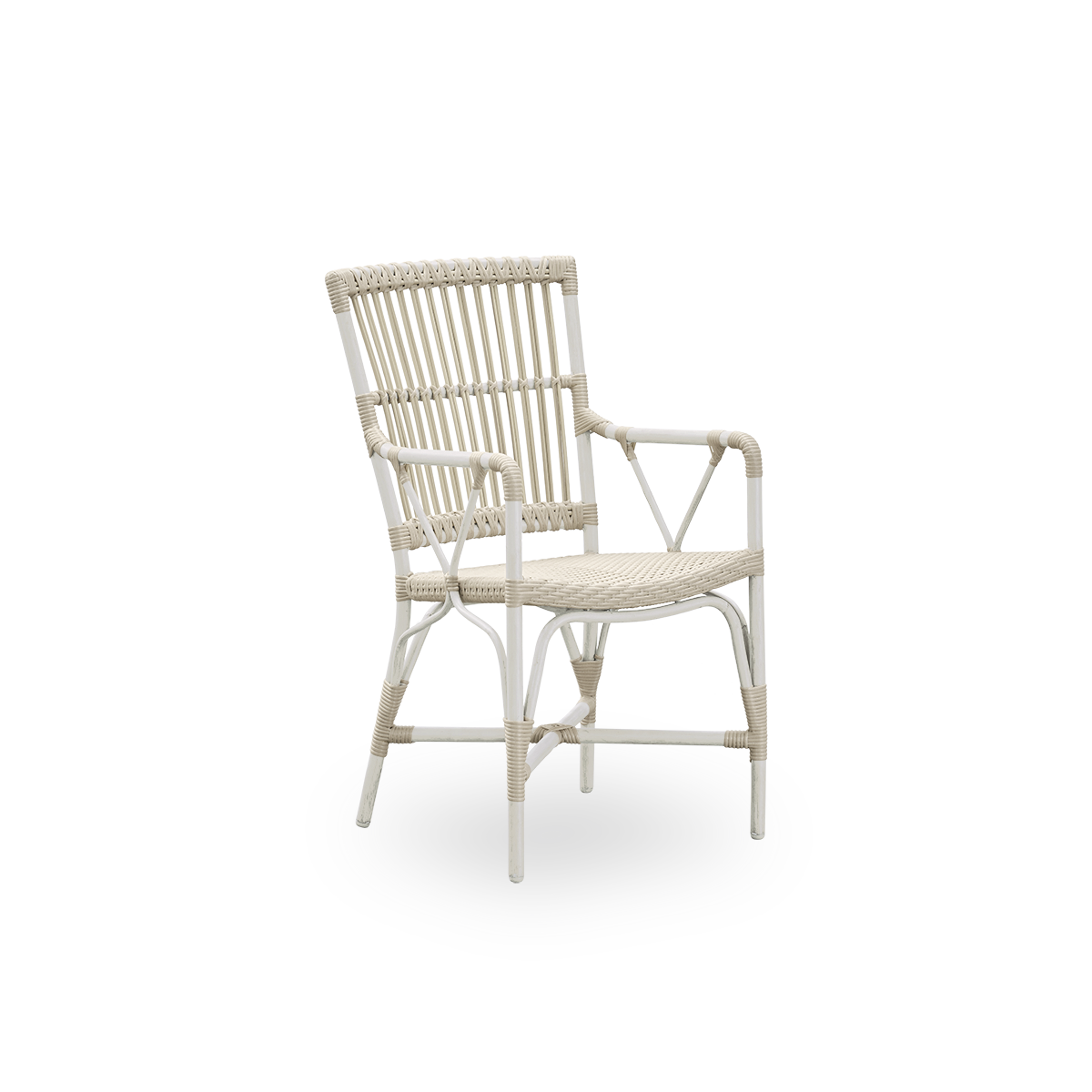 Side view of Piano outdoor dining chair with high wide backrest and curved armrests. Aluminium frame with ArtFibre windings in Dove White color.  