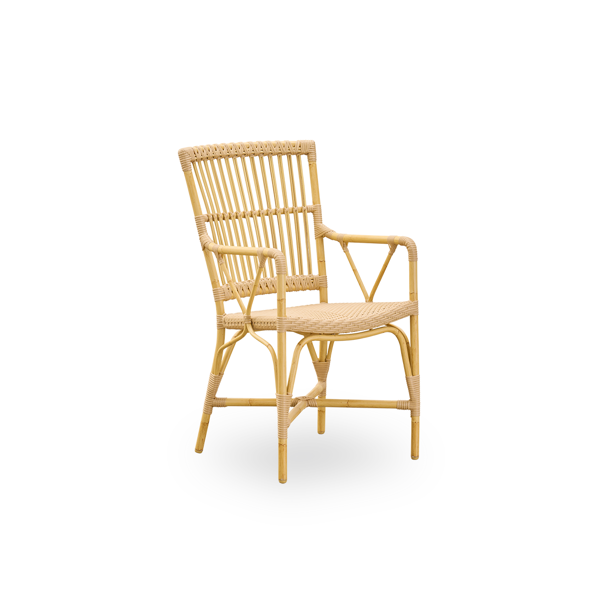 Side view of Piano outdoor armchair. Aluminium frame in natural rattan look with ArtFibre bindings. Elegant chair with high backrest and armrests. 