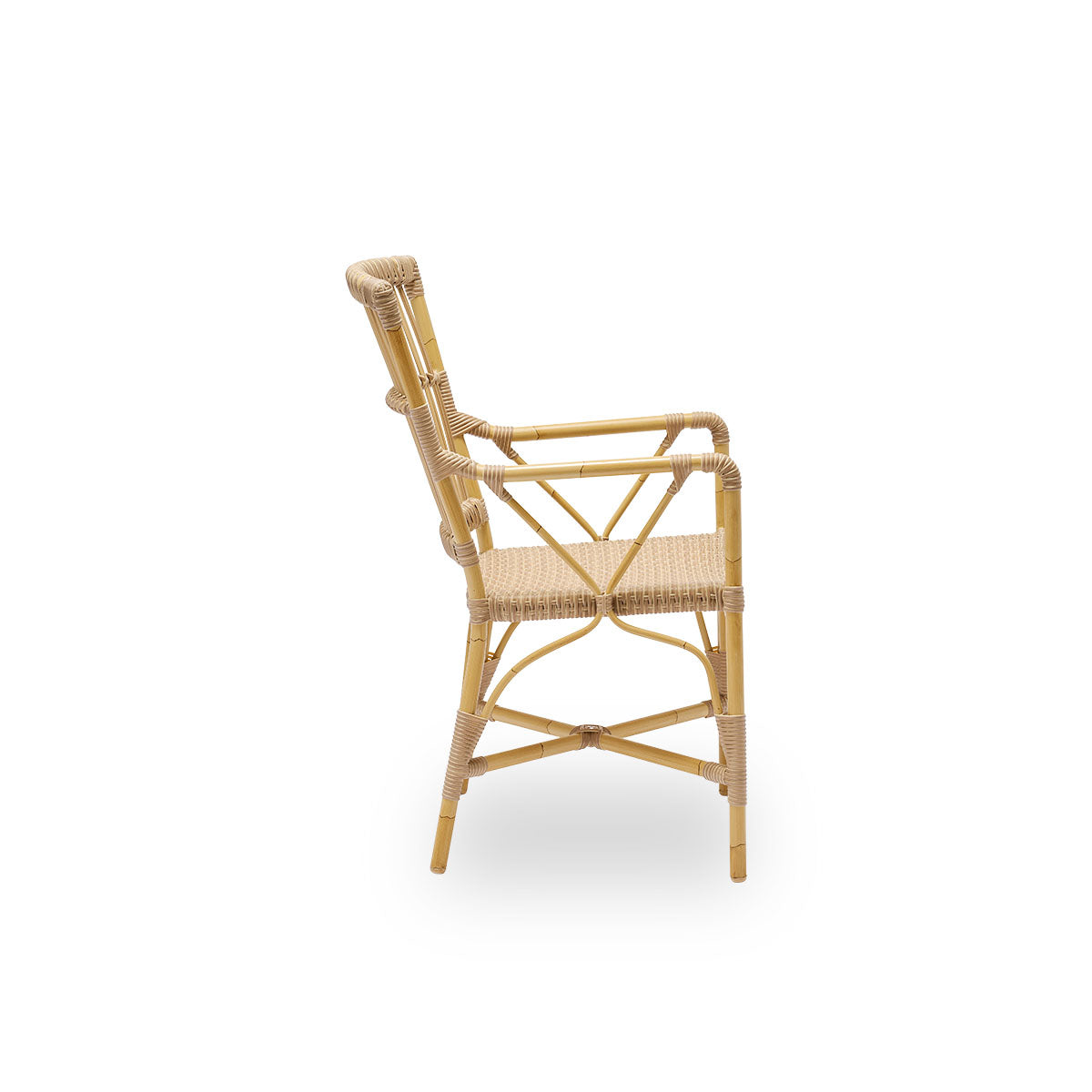 Plain side view of Piano outdoor armchair. Aluminium frame in natural rattan look with ArtFibre bindings. Elegant chair with high backrest and armrests. 