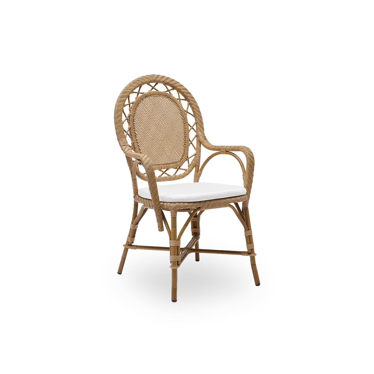 Side view of Romantica outdoor dining chair in Antique brown color. Elegant, romantic dining chair with round backrest and fully woven seat in charming Danish design. Aluminium frame in rattan look with ArtFibre bindings.
