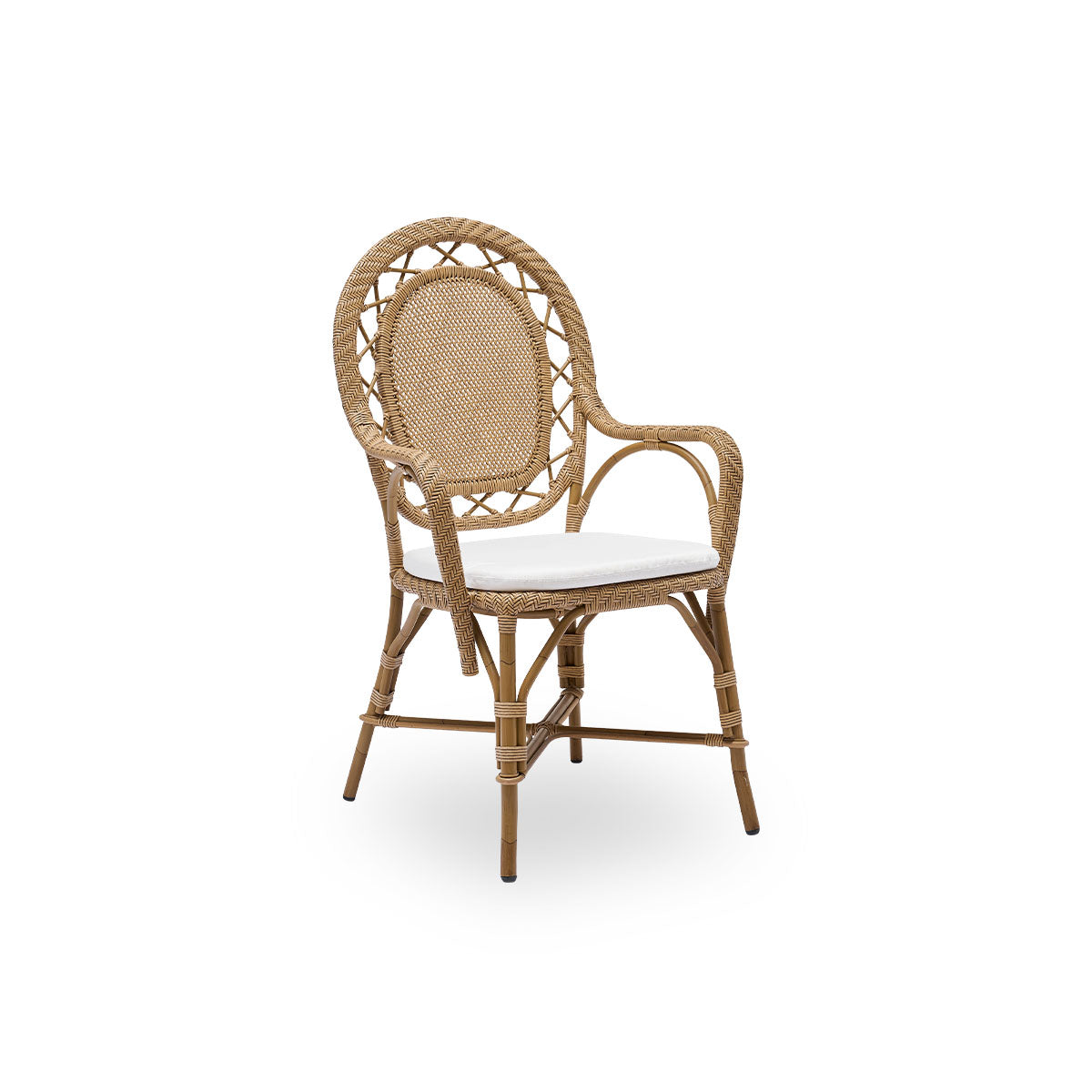 Side view of Romantica outdoor dining chair in Antique brown color. Elegant, romantic dining chair with round backrest and fully woven seat in charming Danish design. Aluminium frame in rattan look with ArtFibre bindings.