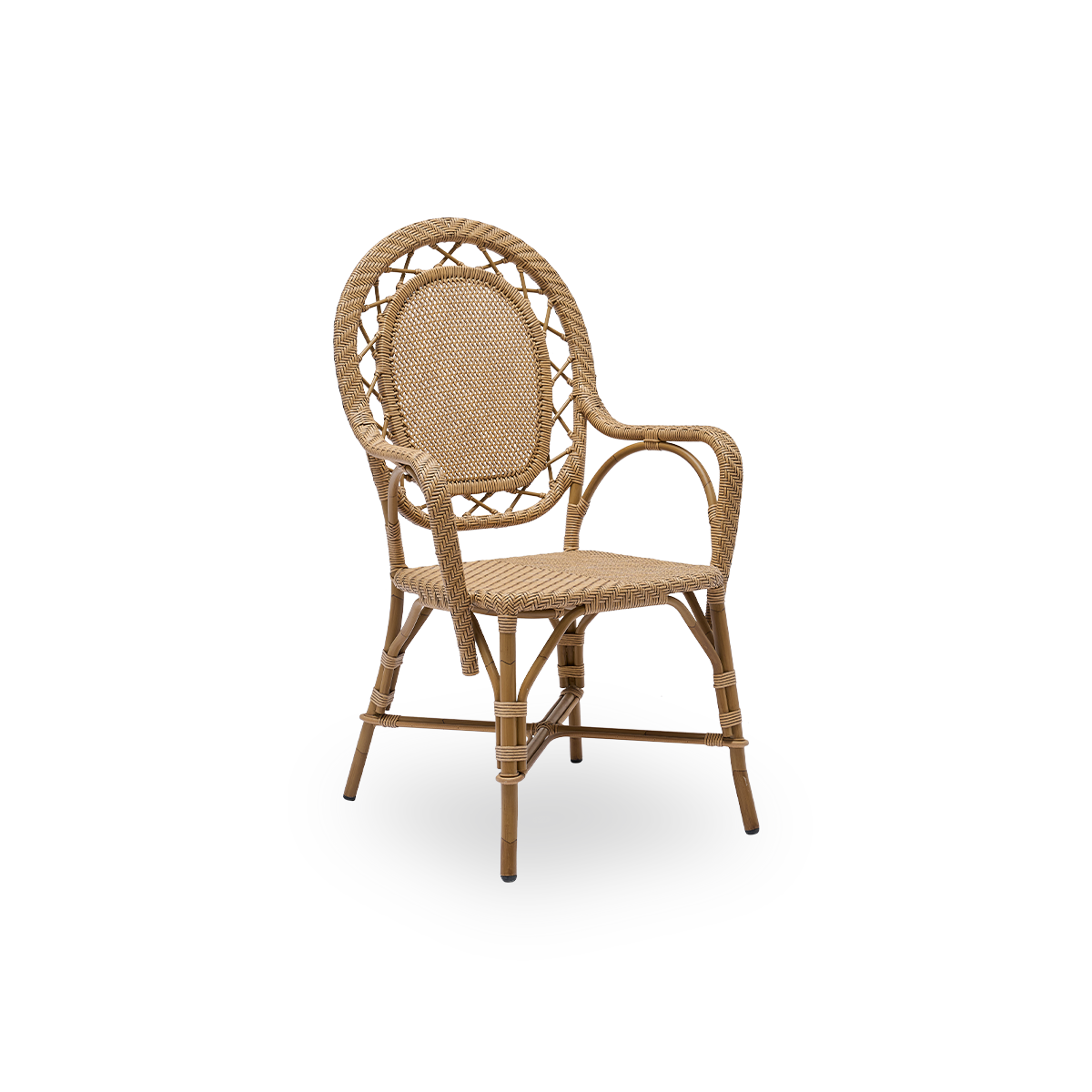 Side view of Romantica outdoor dining chair in Antique brown color. Elegant, romantic dining chair with round backrest and fully woven seat in charming Danish design. Aluminium frame in rattan look with ArtFibre bindings.
