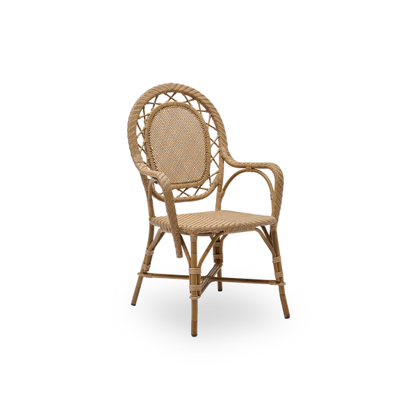 Side view of Romantica outdoor dining chair in Antique brown color. Elegant, romantic dining chair with round backrest and fully woven seat in charming Danish design. Aluminium frame in rattan look with ArtFibre bindings.