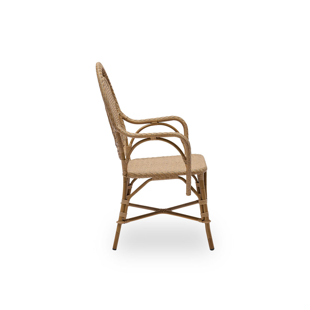 Plain side view of Romantica outdoor dining chair in Antique brown color. Elegant, romantic dining chair with round backrest and fully woven seat in charming Danish design. Aluminium frame in rattan look with ArtFibre bindings.