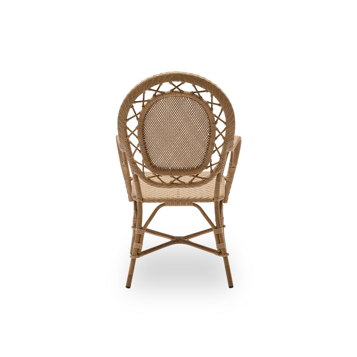 Plain back view of Romantica outdoor dining chair in Antique brown color. Elegant, romantic dining chair with round backrest and fully woven seat in charming Danish design. Aluminium frame in rattan look with ArtFibre bindings.