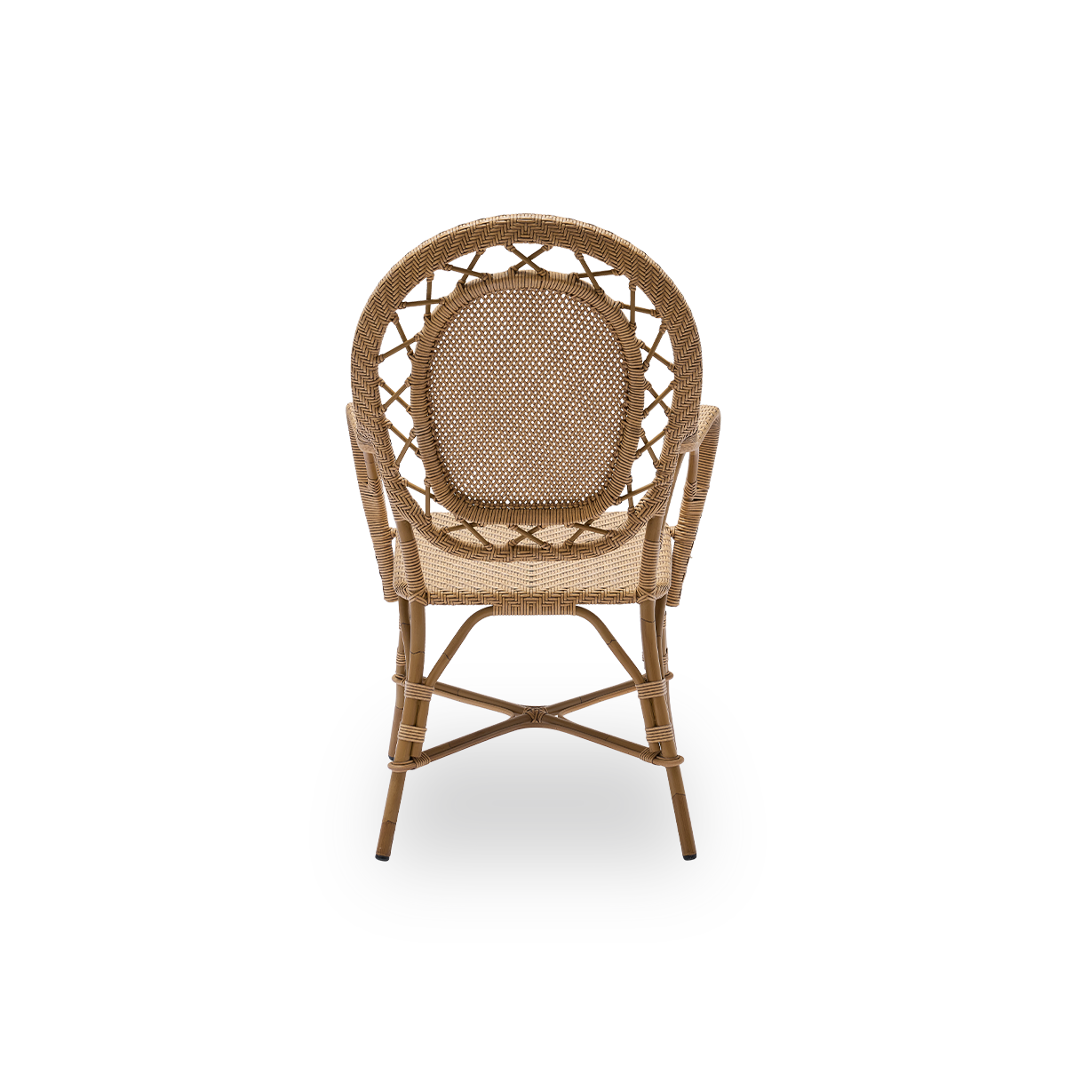 Plain back view of Romantica outdoor dining chair in Antique brown color. Elegant, romantic dining chair with round backrest and fully woven seat in charming Danish design. Aluminium frame in rattan look with ArtFibre bindings.