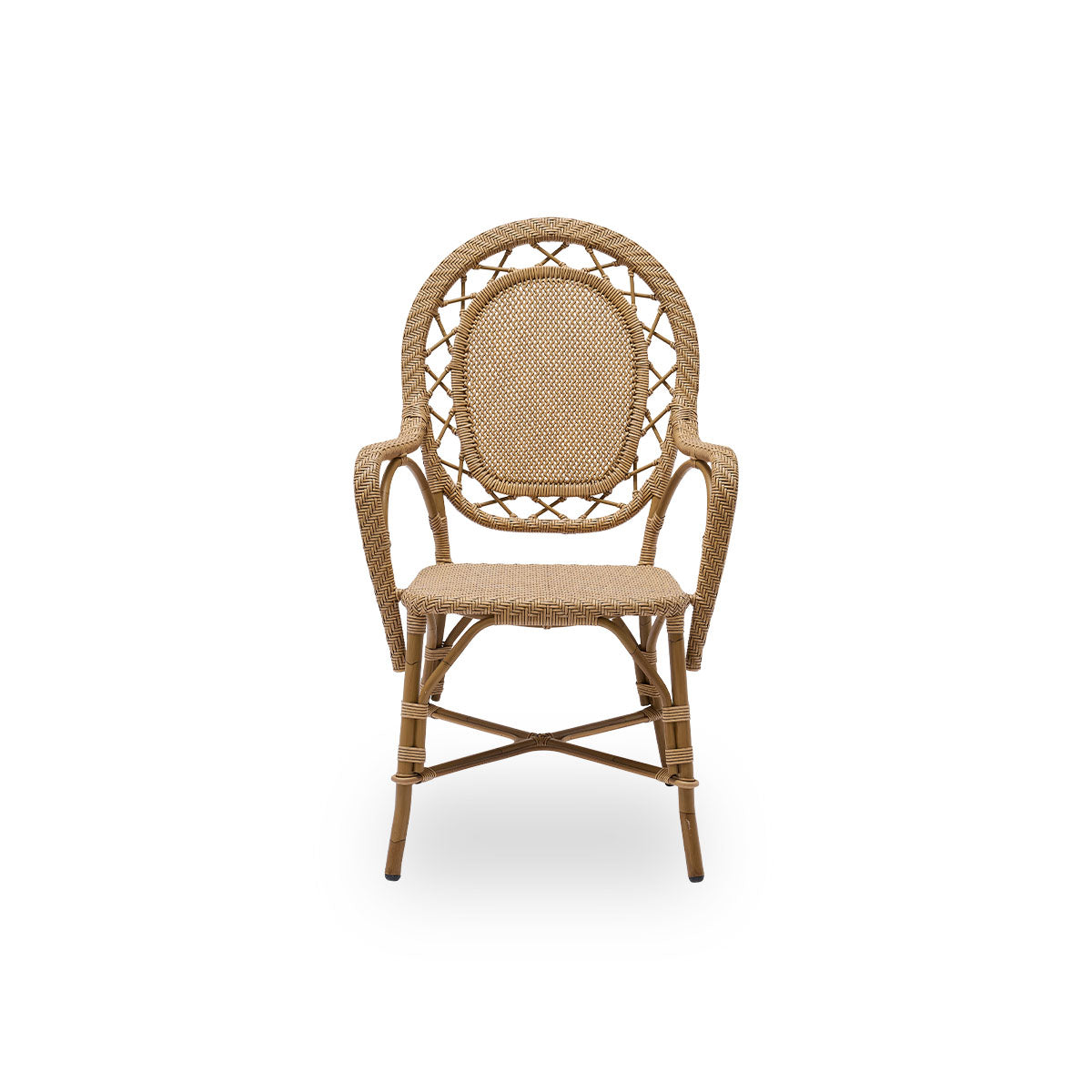 Front view of the Romantica outdoor dining chair in antique brown color.
Elegant, romantic dining chair with round backrest and fully woven seat in charming Danish design. Aluminum frame in rattan look with ArtFibre bindings.