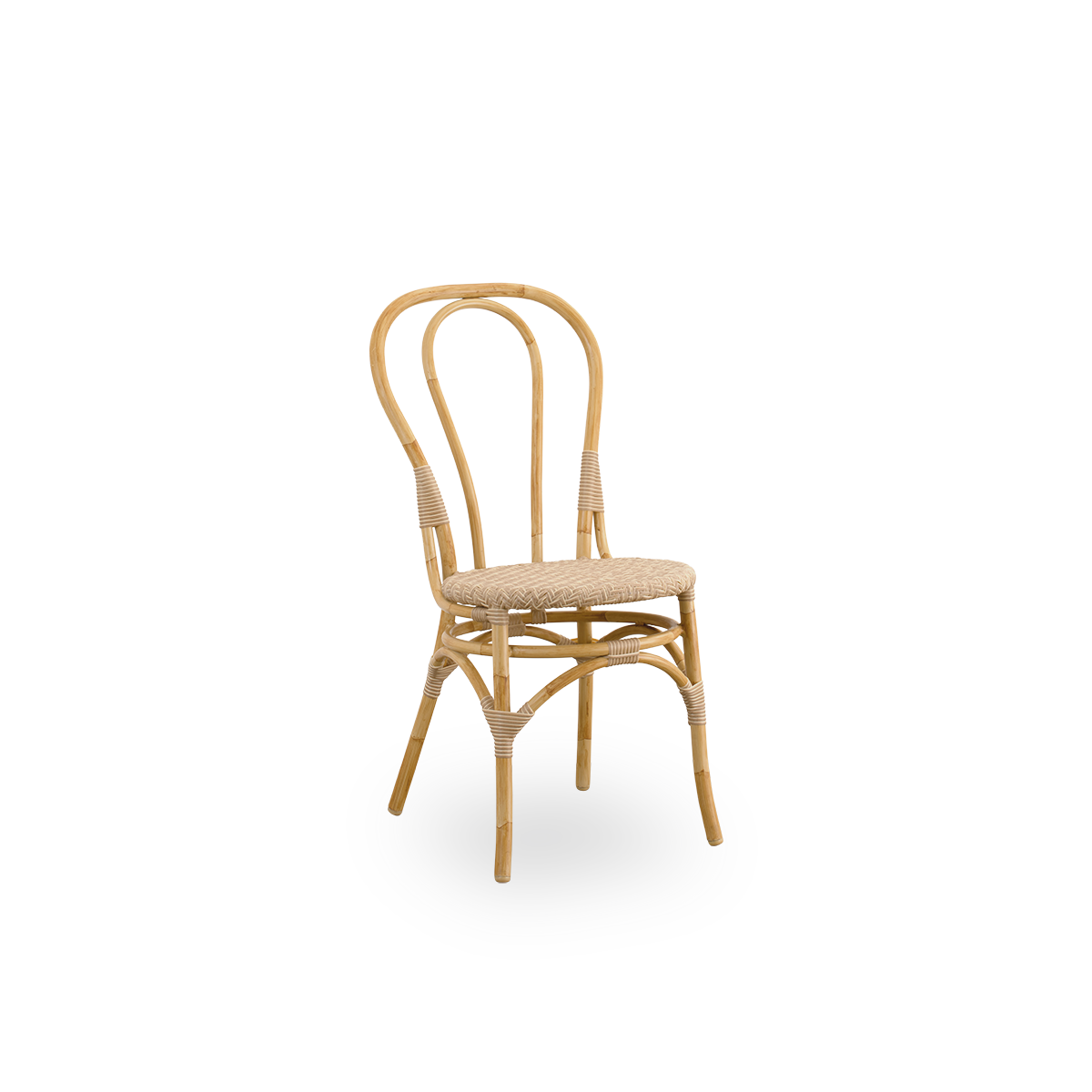 Side view of Lulu Exterior dining chair, A lightweight outdoor bistro chair with a round simple backrest presented with aluminium frame in handpainted rattan look with ArtFibre windings.