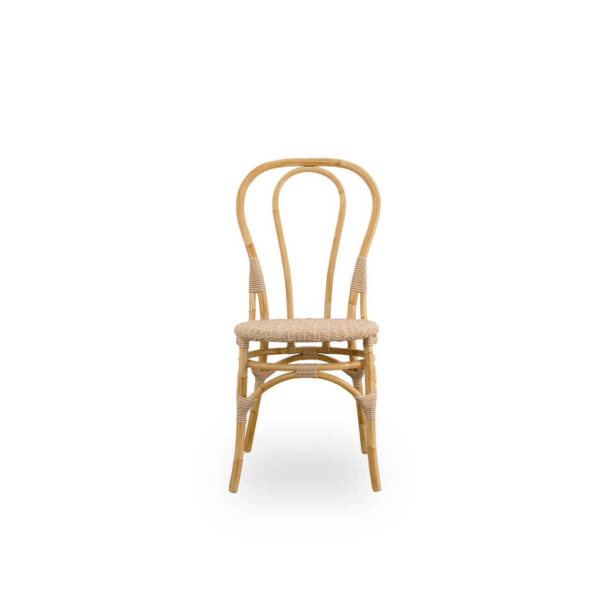 Front view of the Lulu Exterior dining chair, a lightweight outdoor bistro chair with a round and simple backrest.
Presented with an aluminium frame in hand-painted rattan look with ArtFibre windings.