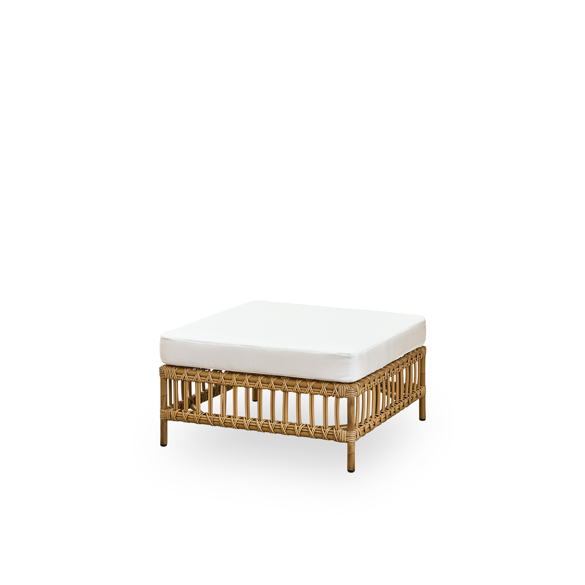 Side view of Maggie outdoor sofa pouf module in Antique brown color presented with glass top to be used as side table. Aluminium frame with handpainted rattan look with ArtFibre windings.