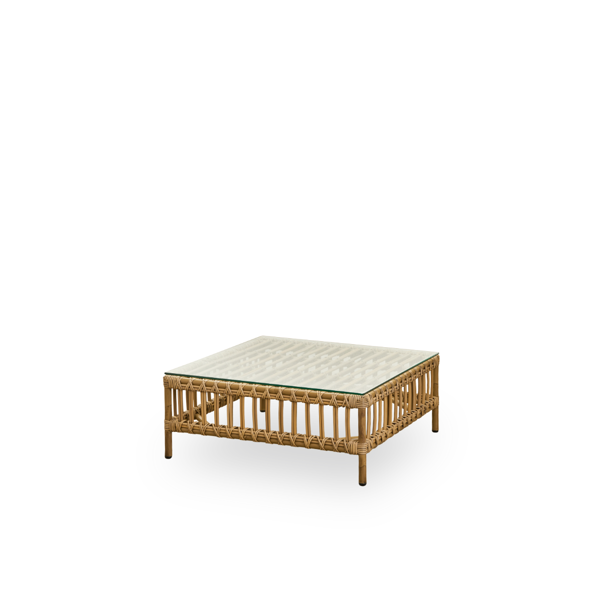 Side view of Maggie outdoor sofa pouf module in Antique brown color presented with glass top to be used as side table. Aluminium frame with handpainted rattan look with ArtFibre windings.