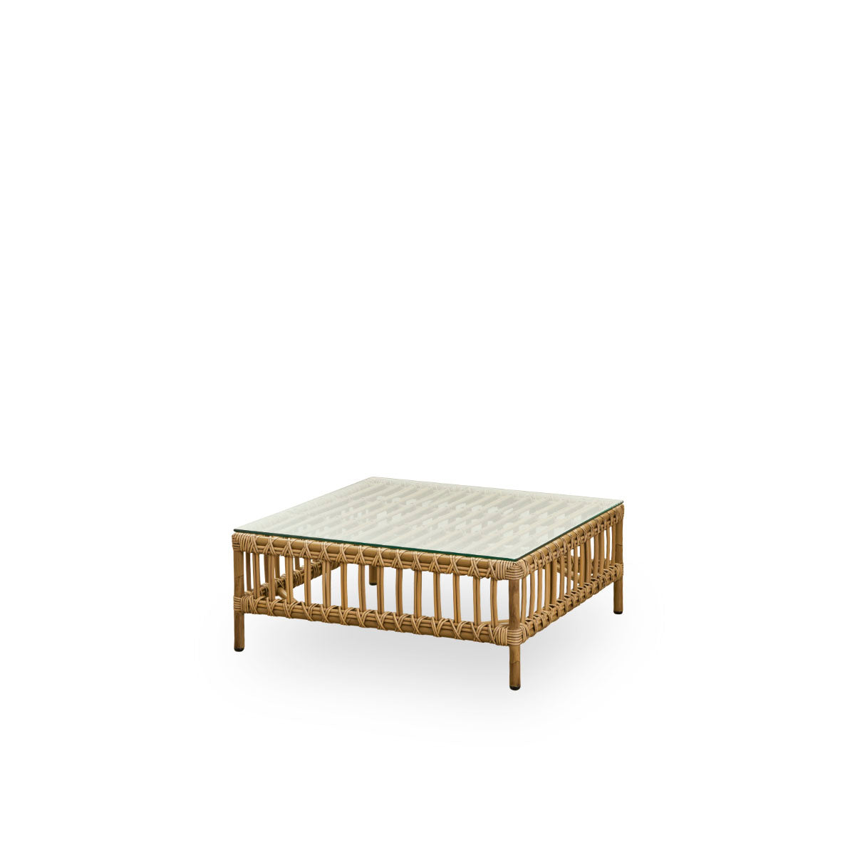 Side view of Maggie outdoor sofa pouf module in Antique brown color presented with glass top to be used as side table. Aluminium frame with handpainted rattan look with ArtFibre windings.