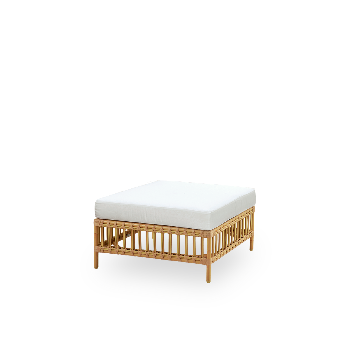 Side view of Maggie outdoor sofa pouf module in Natural color presented with glass top to be used as side table. Aluminium frame with handpainted rattan look with ArtFibre windings.