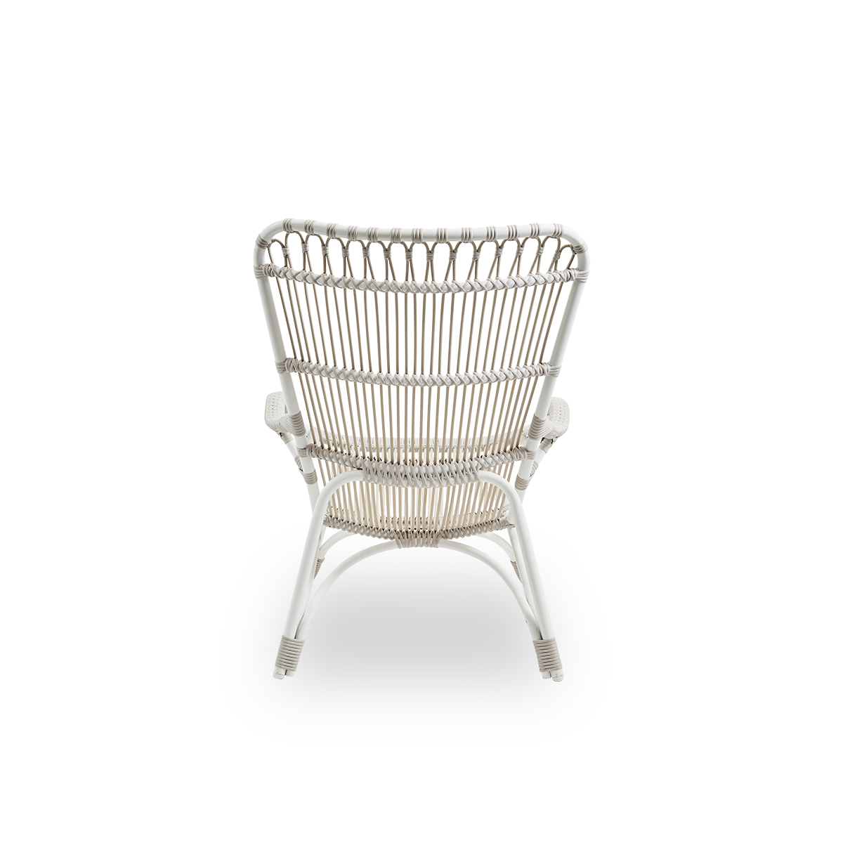Plain back view of Monet outdoor lounge chair with high backrest and armrests presented in Dove White color. Aluminium frame with ArtFibre windings.