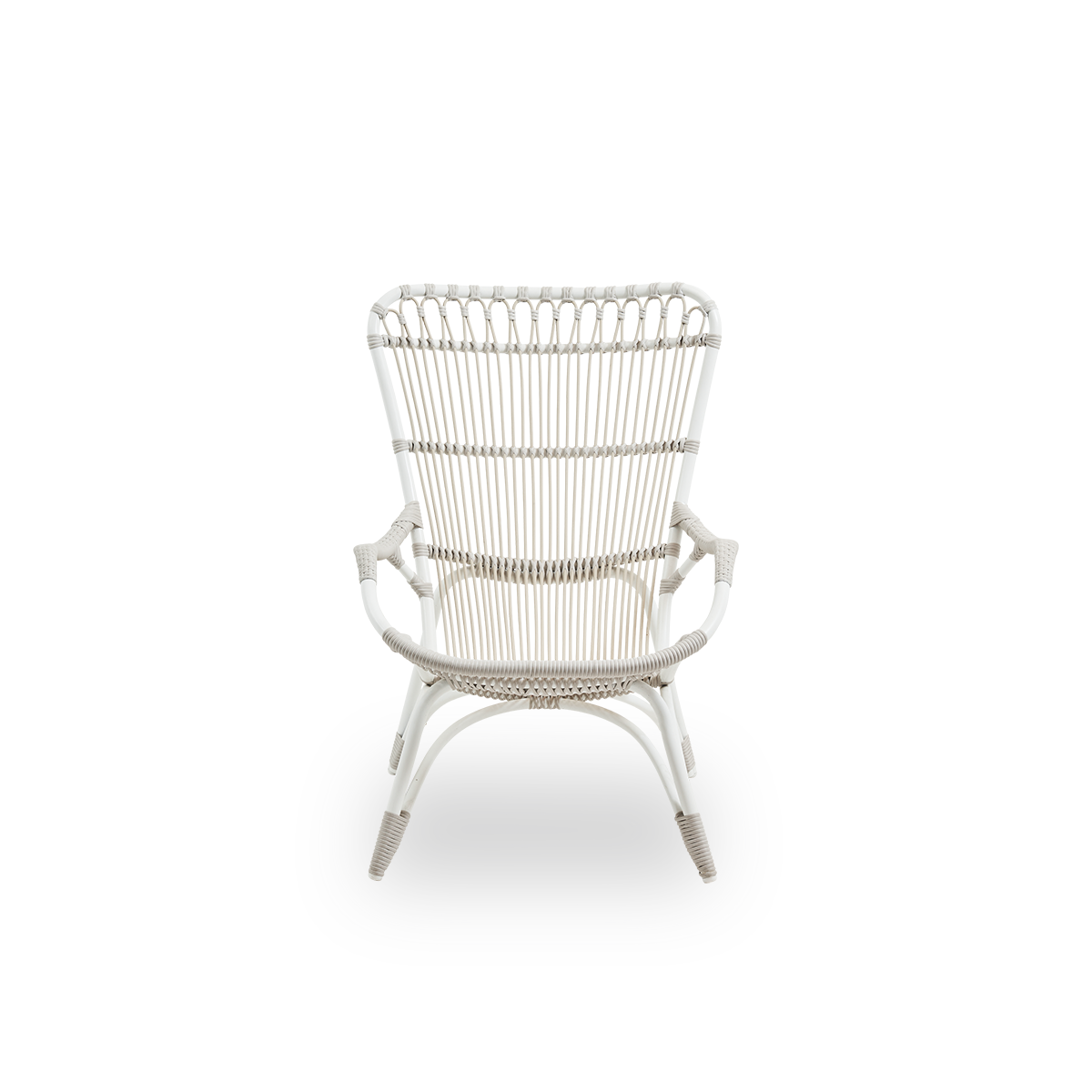 Front view of the Monet outdoor lounge chair with high backrest and armrests presented in Dove White color.
Aluminium frame with ArtFibre windings.