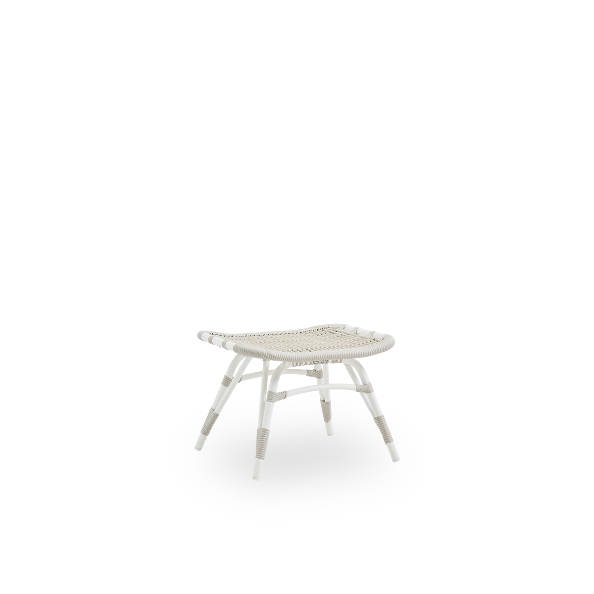 Side view of Monet outdoor footstool in Dove White color. Aluminium frame with ArtFibre windings.