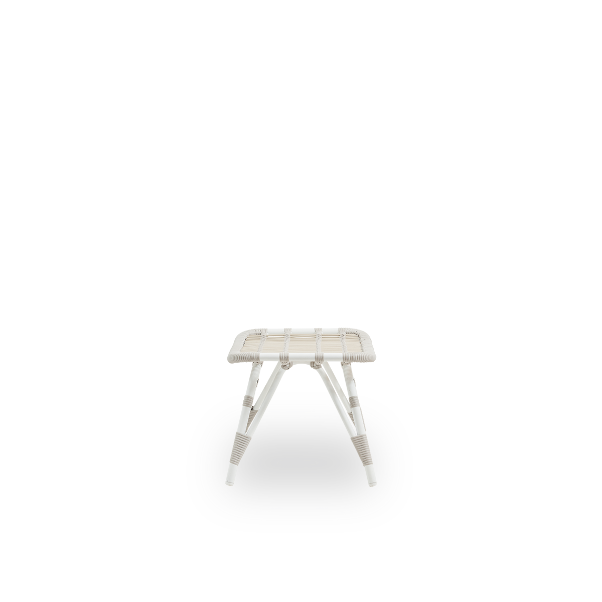 Plain side view of Monet outdoor footstool in Dove White color. Aluminium frame with ArtFibre windings.